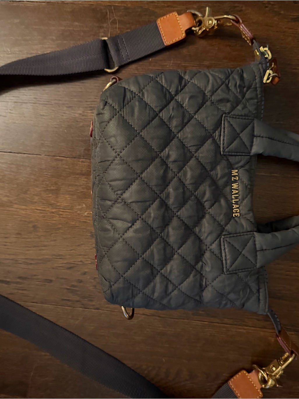 Mz Wallace Grey Quilted Nylon Messenger With Gold Hardware And Grey Strap
